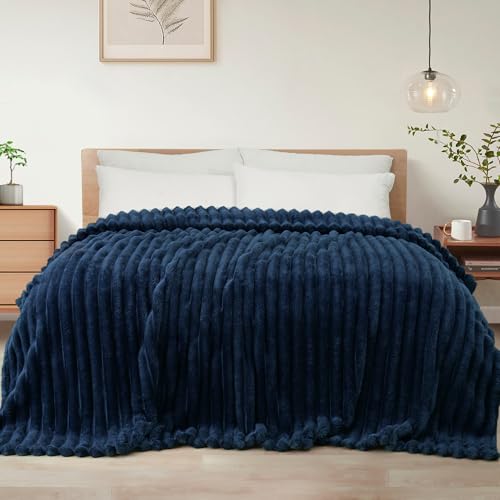 Exclusivo Mezcla California King Size Flannel Fleece Blanket, Super Soft Striped Jacquard Bed Oversized Blanket, Lightweight Fuzzy Cozy for All Seasons, 120x120 Inches, Navy Blue - color: Navy Blue, size: Cal King ( 120x120 IN )