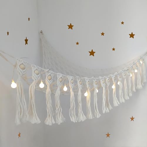 Large Stuffed Animal Net or Hammock, Boho Macrame Toy Hammock with LED Lights, Decorate Room Space Saving Pet Net for Stuffed Animals, Suitable for Nursery, Playroom, Kids Bedroom - style: A