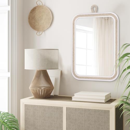 Nautical Rope Mirror Rectangle Wooden 22''Lx16''W White Decorative Mirror Farmhouse Hanging for Bathroom,Livingroom,Entryway-Beachy Coastal Wall Mirror Decor - size: 22"L x 16"W