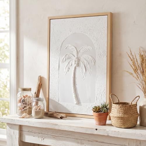 FunooFuno 3D Textured Wall Art Palm Tree Tropical Handmade Boho Canvas Wall Decor 12 x 16 Inch Natural Plant Painting for Bathroom Home Living Room Bedroom with Gloves Installation Tools(Coconut Tree)