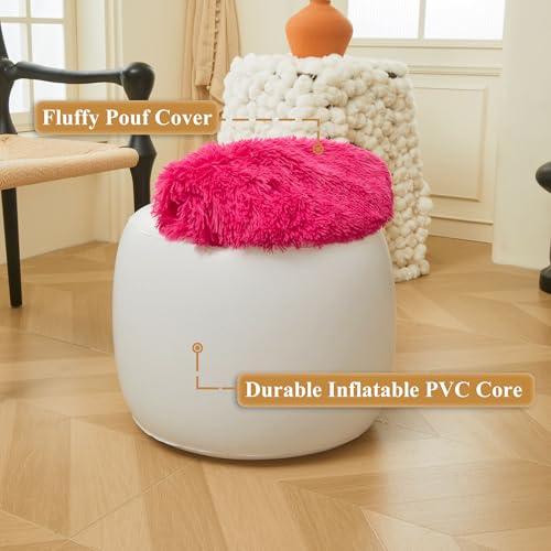 XeGe Fluffy Faux Fur Inflatable Pouf Ottoman, Soft Fuzzy Foot Stool Anti-Slip, Plush Foldable Foot Rest Floor Pouf for Kids Girls Adult, Cute Round Ottoman Cushion Living Room Bedroom, Hot Pink - color: Hot Pink, size: 20"x20"x16"