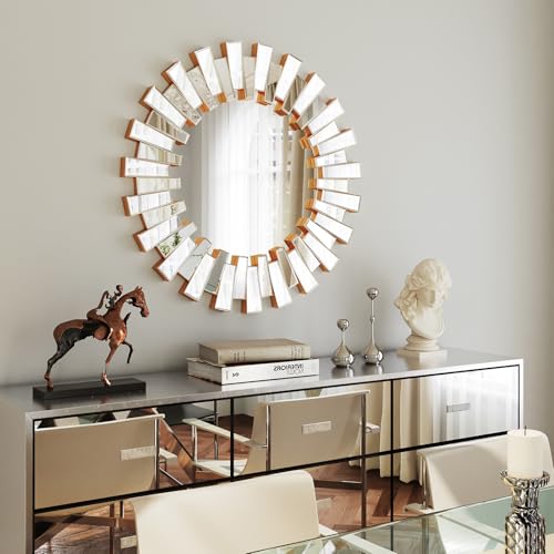 26" Inch Sunburst Wall Mirror Modern Round Decorative Mirror for Living Room Bedroom Entryway Gold Metal Frame Large Accent Mirror Over Fireplace Mantle Vanity Circle Wall Art Home Décor - color: Sunburst-silver