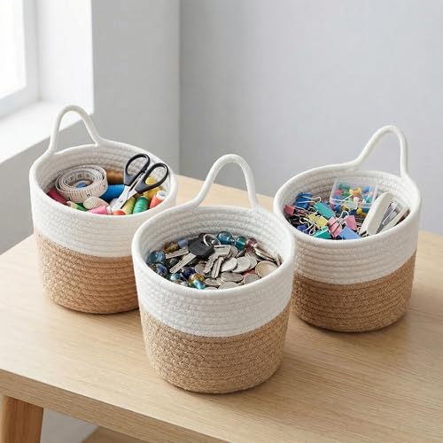 Storage Basket – Stylish Cotton Rope Wall Baskets for Organizing, 3 Pack Over the Door Storage & Small Spaces – Natural Decorative Home Organizer - color: White&khaki