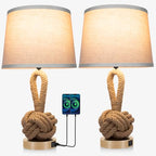 vallerico 22" Rope Lamps for Night Stands, Bedside Lamps Set of 2, 3-Color Temperatures Boho Lamp with Rotary Switch, Table Lamps for Living Room Bedroom, Rattan Lamp with USB Ports, Bulbs Included