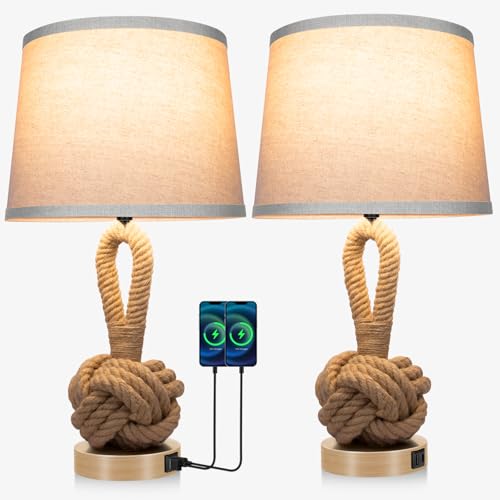 vallerico 22" Rope Lamps for Night Stands, Bedside Lamps Set of 2, 3-Color Temperatures Boho Lamp with Rotary Switch, Table Lamps for Living Room Bedroom, Rattan Lamp with USB Ports, Bulbs Included