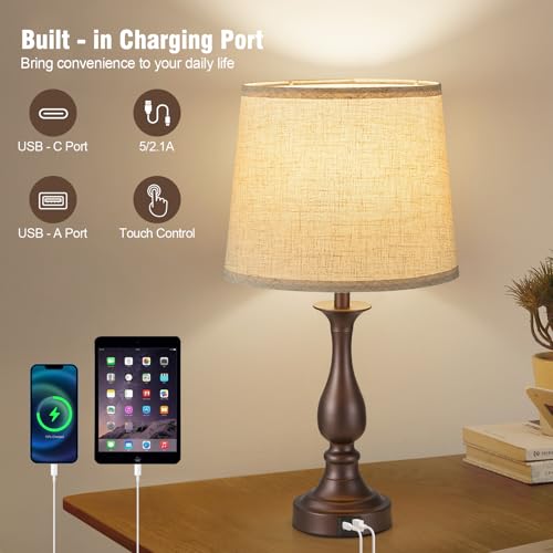 Bedside Table Lamp Touch Control Bedroom Lamps with USB A + C Charging Port 3 Way Dimmable Touch Lamps for Nightstand Living Room Bedroom Dorm Home Office Reading, Set of 2 (Beige Shade & Brown Base) - color: Beige Shade & Brown Base