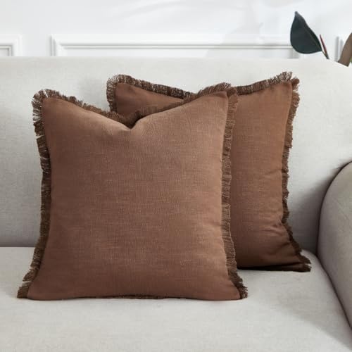Sunday Praise Set of 2 Linen Fringe Decorative Pillow Covers 20x20 Inch Farmhouse Accent Boho Throw Pillow Cases with Tassels Cozy Soft Square Cushion Covers for Couch Sofa Bed Home Decor,Cocoa Brown - color: Cocoa Brown, size: 20" x 20" (Pack of 2)