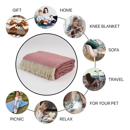 | Wool Blanket/Throw | 100% New Zealand Wool | Perfect for Home and Outdoors | Virgin Wool Throw with Fringes 67"x79" (170 x 200 cm) - color: Cherry Blossom Pink, size: Queen