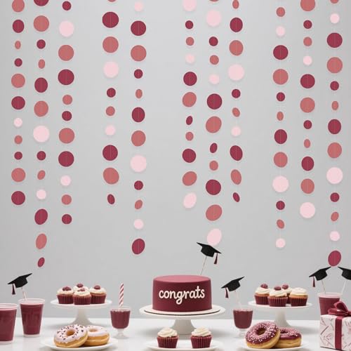Burgundy Dusty Pink Decorations Circle Dot Garland Maroon Pink Hanging Polka Dot Streamer Banner for Wedding Birthday Bridal Shower Engagement Baby Shower Graduation Anniversary Garnet Party Supplies - color: Dusty Pink Maroon