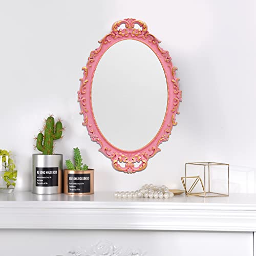 Tstarer 2PACK - Vintage Decorative Pink Framed Mirror, Wall Hanging Mirrors & Tabletop Tray for Bedroom Living Room Dresser Decor, Oval- 9.6" W x 14.3" L (PINK-2PACK) - color: Pink-2pack
