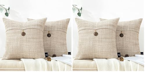 Phantoscope Pack of 4 Farmhouse Throw Pillow Covers Button Vintage Linen Decorative Pillow Cases for Couch Bed and Chair Beige 18 x 18 inches 45 x 45 cm - color: Beige, size: 18" x 18" (Pack of 4)