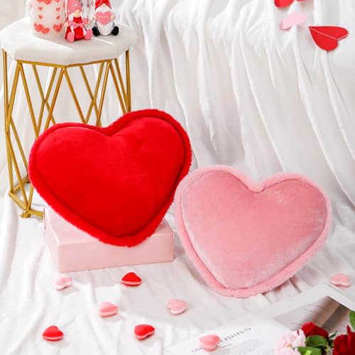 Roowest 2 Pack Valentine's Day Velvet Heart Pillows Soft Decorative Cute Love Fringe Throw Pillow Back Cushion for Girls Women Bed Sofa Couch Living Room Home Decor Wedding Gift(Red Pink)