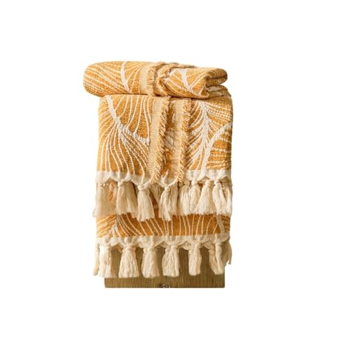 DOWN HOME Chenille Cotton Throw Blanket for Couch, Lightweight Boho Blanket for Bed Sofa Chair Living Room Outdoor Soft Woven Decorative Blanket with Tassel Gift Orange Leaves 55"x60" - color: Orange, size: 55"x60"
