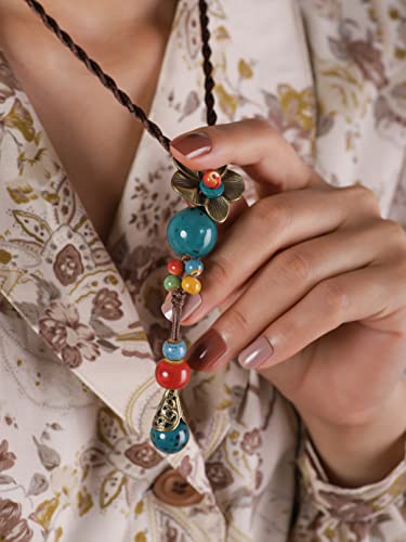 MINACHI Vintage Bohemian Colorful Ceramic Bead Antique Flower Y Necklace, Vintage Boho Hippie Statement Jewelry Gift for Women - color: S01A