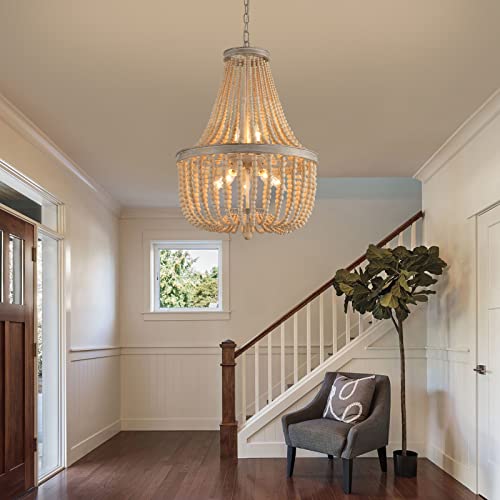 Q&S Farmhouse Wood Beaded Chandelier,Oak White 8-Lights Retro Vintage Antique Rustic Boho Pendant Light Fixture for Foyer Living Room Bedroom Kitchen Dining Room Office Nursery UL Listed - color: Original Wood