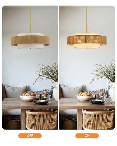 VONLUCE 23.6" Boho Rattan Chandelier, 6-Light Drum Chandelier with 3-Tier Woven Lampshade, Rattan Ceiling Light for Dining Room Bedroom Living Room with E26 Sockets, Gold Finish, ETL Certified - color: Gold, size: 24inch