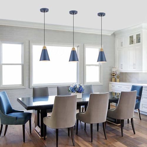 Dijiahua Blue Kitchen Pendant Lighting Over Island 3 Pack,Small Modern Farmhouse Chandeliers Navy Hammered Metal Shade,Mini Vintage Adjustable Cord Hanging Ceiling Lamp Fixtures Over Sink - color: Blue and Wood