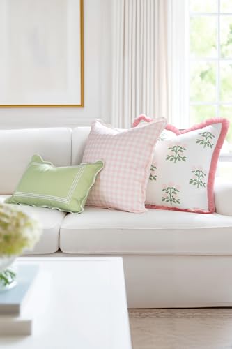 Hofdeco Premium Grandmillennial Patio Indoor Outdoor Lumbar Pillow Cover Only, 12"x20" Water Repellent for Backyard, Couch, Poolside, Grass Green Embroidered Frame - color: Grass Green Frame 12"x20"