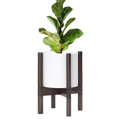 D'vine Dev Planter Pot with Stand - 8 Inch Plastic Cylinder Flower Pot with Wood Planter Holder for Indoor, Matte White Pot + Walnut Color Stand, 55-C-I-1 - color: Matte White Pot + Walnut Color Stand, size: 8 Inch