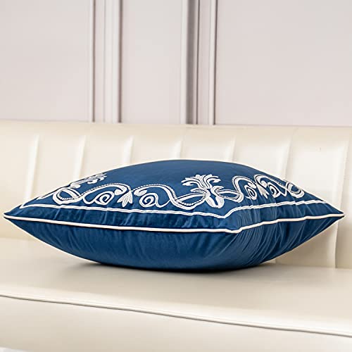 Aeckself European Floral Pillow Cover 18x18 Inch, Luxury Velvet Embroidered Decorative Throw Pillow Cover for Couch Bedroom Living Room, Navy Blue and White - color: Navy Blue, size: 18" x 18" (Pack of 1)