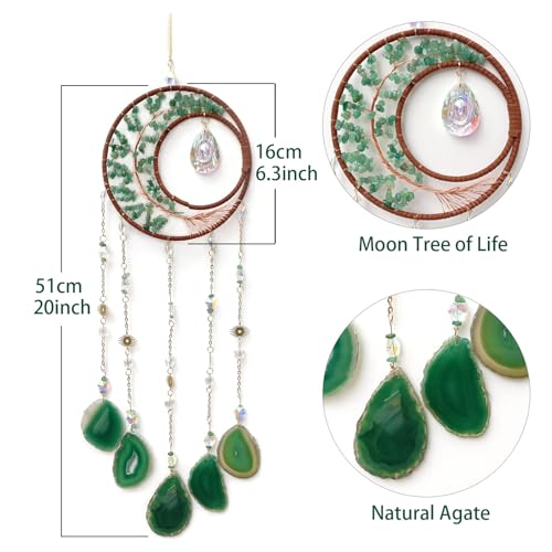 Green Moon Crystal Tree of Life Dream Catcher with Agate Pendant | Handmade, Wall Decor, Wall Hanging Ornament, Bedroom Living Room Home Decor