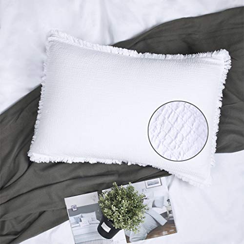 YINFUNG Quilted Pillow Sham White King Set of 2 Muslin Cotton Tassel Fringe Pillowcases Matelasse Boho Decorative Textured Gauze Moroccan Thin Soft 20×36 Bright White - color: White, size: 36" x 20" (Pack of 2)