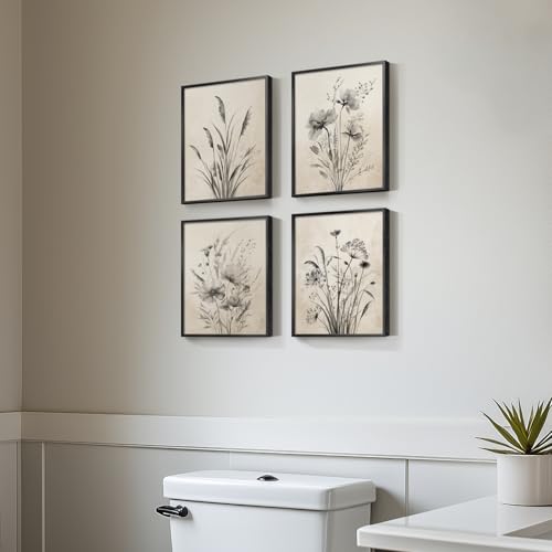 Framed Vintage Botanical Wall Art, 4 Piece Boho Rustic Floral Canvas Painting Prints for Modern Farmhouse, Black and White Neutral Flower Pictures for Bathroom Bedroom Hallway Kitchen Home Decor, 8x10 - color: Misty - Black Framed, size: 8" W x 10" H x 4p