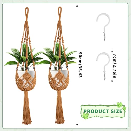 Augshy Jute Crochet Macrame Plant Hangers with Hooks, 2 Pack 35 Inch Natural Cotton Boho Indoor Outdoor Brown Planter Hanging Holder for Ceiling Balcony Porch Home Decor - color: Caramel, size: 35 Inches