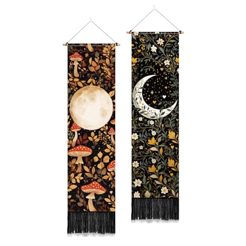 PLIGREAT 2 Pack Moon Tapestry Mushroom and Botanical Tapestry with Tassels Vertical Bohemian Wall Hanging Aesthetic Floral Wall Tapestries for Bedroom Living Room Dorm Room Narrow Home Decor - color: Yellow and Green
