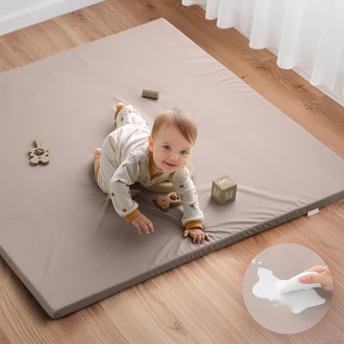 Blissful Diary Vegan Leather Baby Play Mat, 47x47 Thicken Foam Cushioned & Waterproof Playpen Mat for Infants and Toddlers, Stylish and Just Wipe-Clean Playmat for Baby Play on Floor, Taupe - color: Taupe, size: 47" X 47"