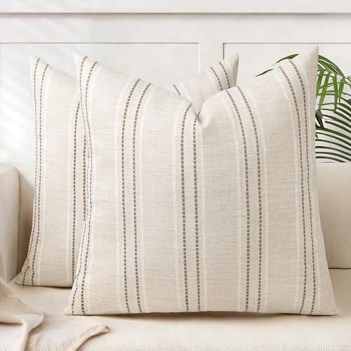AELS 22x22 Decorative Farmhouse Linen Throw Pillow Covers, Boho Textured Pillow Case, Set of 2, Beige with White & Brown Stitch Yarn Dyed Stripe Cushion Cover for Sofa Couch Living Room (Cover ONLY) - color: Beige With White & Brown, size: 22" x 22" (Pack