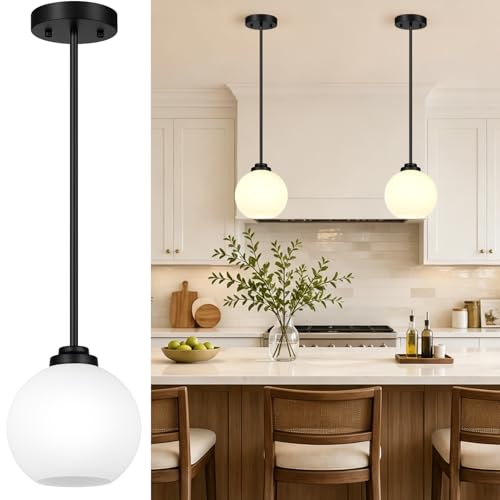 MQMQA 2 Pack Globe Pendant Lights, Mid Century Matte Black Pendant Light Fixtures, Globe Pendant Lights Kitchen Island with Milk Glass Shade Hanging Fixture for Dining Room (Bulbs not Included) - color: Matte Black + Milky White Glass 2 Pack