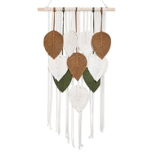 NYEONHRT Macrame Wall Hanging Boho Leaf and Feather Tapestry Handmade Woven Wall Art for Living Room Bedroom Nursery Decor 16x31 Inch (Brown green) - color: Brown green 16*31in