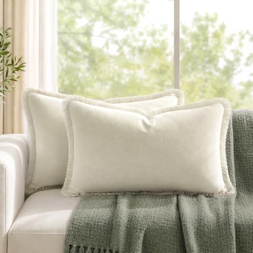HOMEIDEAS Ivory Cream Velvet Throw Pillow Covers 20x12 Set of 2, Luxury Decorative Pillow Covers with Short Fringe Tassels, Modern Farmhouse Boho Cushion Covers for Sofa Couch Bed Neutral Home Decor - color: Cream, size: 20" x 12" (Pack of 2)