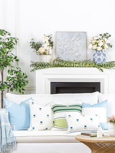 Hofdeco Premium Coastal Patio Indoor Outdoor Throw Pillow Cover Only, 20"x20" Water Repellent for Backyard, Couch, Baby Blue Green Embroidered Tulips Floral with Piping - color: Baby Blue Green Tulips Floral 20”x20”, size: 20" x 20" (Pack of 1)