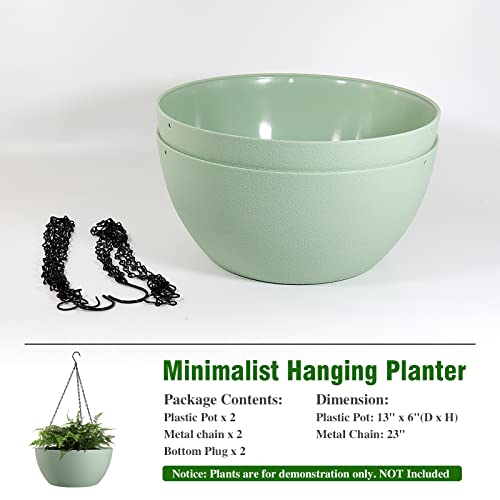 WOUSIWER 13 inch 2 Pack Large Hanging Planters for Indoor Outdoor Plants with Drainage Holes and Chain, Round Hanging Flower Pots for Garden Home Porch Decor, Green - color: Green