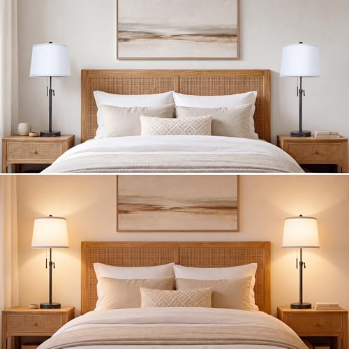 Adjustable Height Table Lamps Set of 2 22-30in Retro Black Brush Gold Modern Nightstand with White Shade 3 Color Temperature Pull Chain Bedside Lamps for Living Room Bedroom Hallway(Bulbs Included) - color: Black Gold+White Shade Set of 2