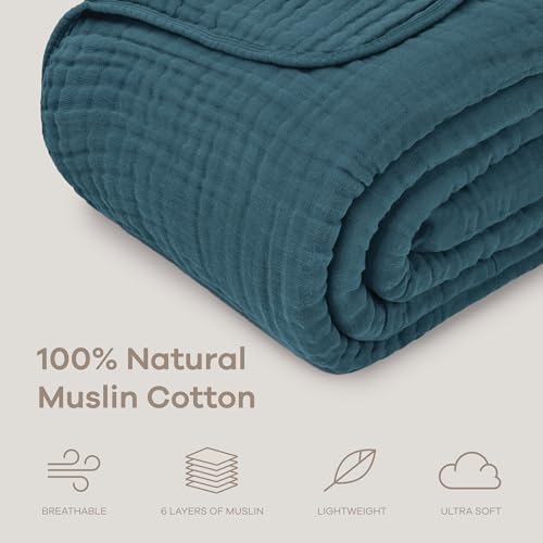 Comfy Cubs Muslin Throw Blanket - 50” x 60” Quilted Design - Lightweight, Breathable 6-Layer Gauze Fabric - Soft Cotton Blanket for Home or Travel - Packaged in Elegant Gift Box - Neptune - color: Neptune, size: Throw - 50" X 60"