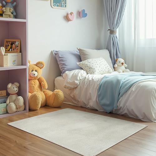 jinchan Solid Plush Area Rug 3x5 Performance Shaggy Washable Rug Indoor Soft Modern Faux Wool Cozy Non Slip Carpet for Living Room Kids Room Bedroom Dining Room Nursery Ivory - color: Solid Ivory, size: 3' x 5' (Rectangular)