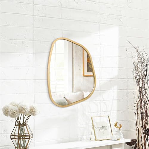 Asymmetrical Accent Mirror for Wall Irregular Oval Wood Frame Modern Unique Wall Mirror Decorative Vanity Bathroom Living Room Bedroom Entryway Hallway Artistic Mirror Small Gold 14"x10" - color: Gold, size: 14"L x 10"W