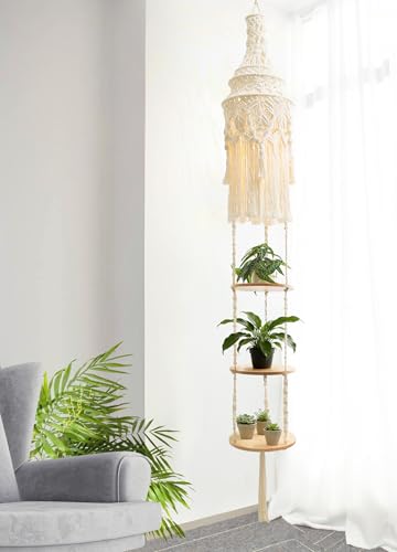 ANROYE 3-Tier Cotton Macrame Hanging Light Fixture Shelf, Boho Corner Pendant Lamp Shade Shelves, Farmhouse Ceiling Plant Hanger Indoor Decor for Women Bedroom Christmas Gift