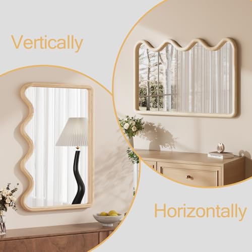 ULIKE Wavy Mirror for Wall, Rustic Wood Mirror for Bathroom Vanity, 24x36 Wooden Wall Mirrors Decorative for Bedroom, Living Room, Entryway, Natural - color: Wavy Wood