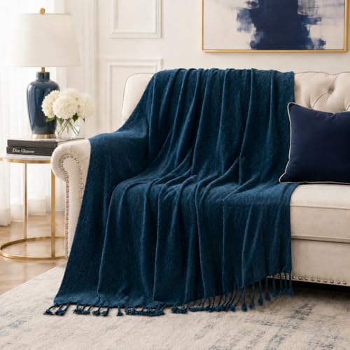 BATTILO HOME Navy Blue Chenille Throw Blanket for Couch, Soft Cozy Textured Knit Throw Blanket with Handmade Fringe Tassels, Lightweight Decorative Farmhouse Blanket for Sofa Bed Chair, 50"x60" - color: Navy