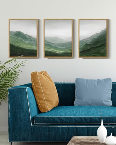 SHENIFY Fog Pine Green Tree Forest Canvas Wall Art 11x14in Framed Nordic Nature Modern Mountain Artwork Prints Decor - Natural Framed - color: Green mountains, Natural Framed, size: 11"x14"