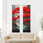 seewan 2 Pack Long Vertical Wall Tapestry, Boho Nature Landscape & Floral Aesthetic Wall Hanging for Bedroom Living Room Home Decor, Long Narrow Art Tapestry with Sunrise Mountain Botanical Designs, 13" × 51" (Scarlet Maple Scene, 13"Wx51"H, Unframed) - c