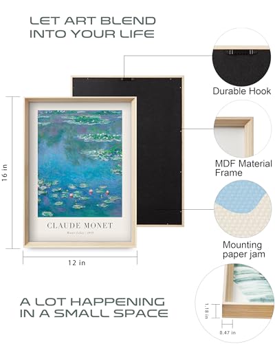 Framed Claude Monet Water Lilies Canvas Wall Art,Vintage Impressionist Botanical Painting,16x12IN High Framed Design Prints,Minimalist Classic Decor Aesthetic for Living Room,Bedroom,Bathroom Set of 3 - color: Framed Monet Vintage Art, size: 16"L x 12"W