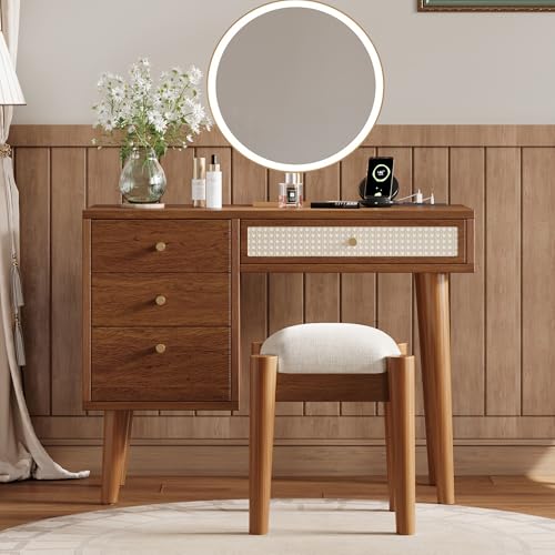 47" Rattan Vanity Table with Mirror and Lights, Brown Makeup Vanity with Storage & 5 Drawers, Boho Vanitys Desk with Shelves for Bedroom, 3 Lighting Modes, Adjustable Brightness (Dark Brown) - color: Dark Brown