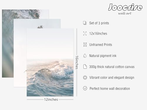 Joocrise Beach Wall Art Pictures Coastal Canvas Wall Decor Ocean Waves Poster Blue Beach Scene Artwork Palm Tree Art Coastal Landscape Prints for Living Room Bedroom 12x16 Inch Unframed Set of 3 - color: Waves Art Prints, size: 12x16 Inch Unframed