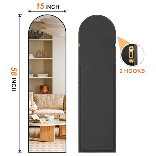 TRAHOME Arched Full Length Mirror, 56"x15" Standing Body Mirror for Wall, with Aluminum Alloy Frame for Bedroom, Living Room, Dressing Room(Black) - color: Matte Black, size: 56"L x 15"W