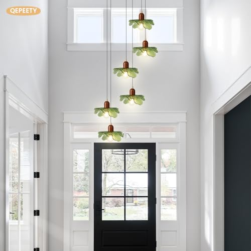 Long Chandelier for High Ceilings Flower Pendant Light 6-Lights Modern Black Chandelier Green Hanging Flush Mount Lighting Fixtures for Spiral Staircase Foyer Entryway Living - color: Green, 6 Lights